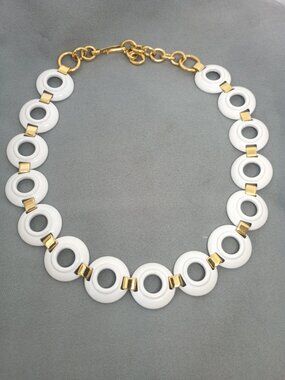 Vintage Monet White Enamel Rings Chain Choker Gold Tone Necklace 16"